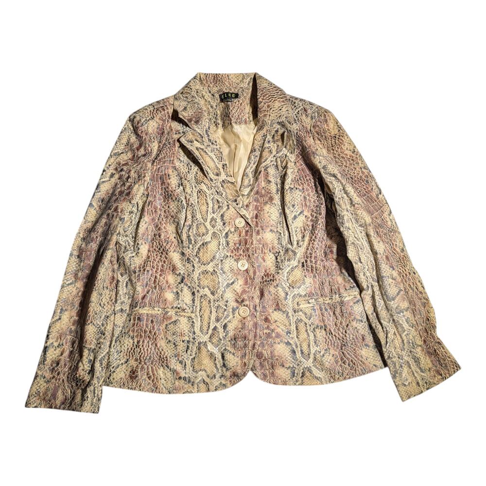Vtg Y2K ELCC Beige Snakeskin Print Faux Suede Button Up Blazer Jacket Sz L